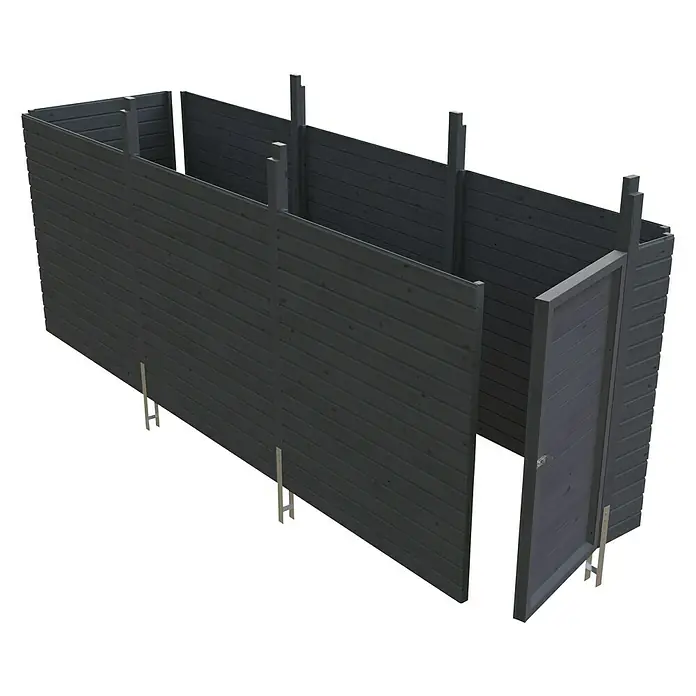 SKAN HOLZ Carport-Abstellraum C5 - Passend für: Skan Holz Carports mit Durchfahrtsbreite bis 550 cm, Schiefergrau - Das Bild zeigt ein Holzlager mit einer Tür an der Seite. Das Holzlager ist grau und besteht aus Holzplanken.