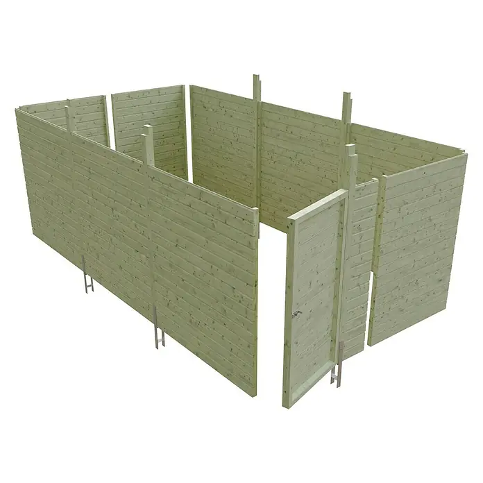 SKAN HOLZ Carport-Abstellraum C6 - Passend für: Skan Holz Carports mit Durchfahrtsbreite bis 550 cm, Grün - Illustration eines Holzgartenhauses im Rohbau, das die Holzkonstruktion und die Bauweise hervorhebt. Ideal zur Visualisierung von Gartenhausprojekten.