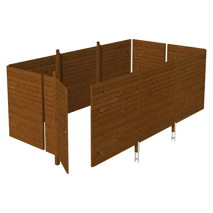 SKAN HOLZ Carport-Abstellraum C6 - Passend für: Skan Holz Carports mit Durchfahrtsbreite bis 550 cm, Nussbaum - Ansicht eines Holzhauses im Rohbau mit braunen Brettern. Gut geeignet für den Garten als zusätzlicher Stauraum.