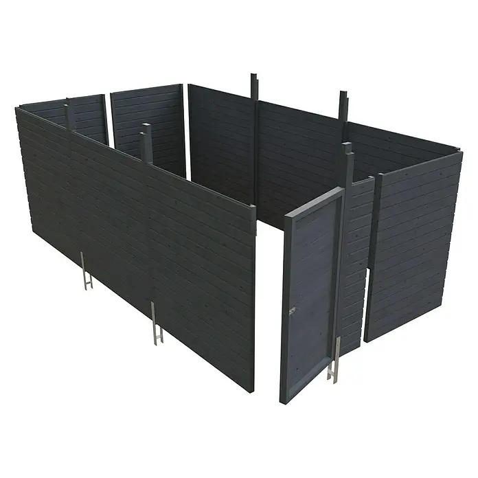 SKAN HOLZ Carport-Abstellraum C6 - Passend für: Skan Holz Carports mit Durchfahrtsbreite bis 550 cm, Schiefergrau - Darstellung eines unfertigen Gartenhauses mit grauen Holzpaneelen, die noch montiert werden müssen, um die Struktur zu vervollständigen.