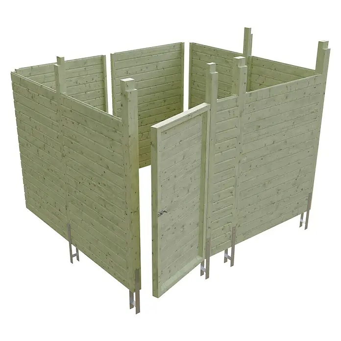 SKAN HOLZ Carport-Abstellraum C8 - Passend für: Skan Holz Carports mit Durchfahrtsbreite bis 550 cm, Grün - Ein unfertiges Holzgartenhaus mit Wänden und Tür. Es zeigt die Konstruktion und das verwendete Holz. Ideal für Bauprojekte im Freien.