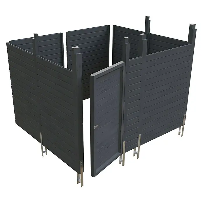 SKAN HOLZ Carport-Abstellraum C8 - Passend für: Skan Holz Carports mit Durchfahrtsbreite bis 550 cm, Schiefergrau - Abbildung einer Saunakabine im Bau, die die Holzkonstruktion und die teilweise montierten Wände zeigt. Perfekt für Wellness-Enthusiasten.