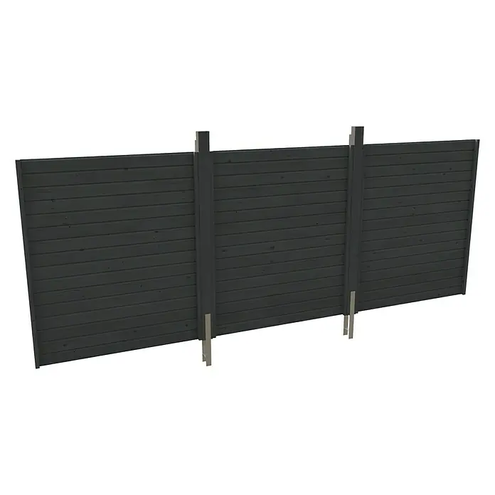 SKAN HOLZ Rückwand - L x H: 550 x 200 cm, Schiefergrau, Passend für: Skan Holz Carports - Diese Aufnahme zeigt einen dunkelgrauen Holzzaun mit drei vertikalen Pfosten zur Stabilisierung, ideal für Privatsphäre und als Windschutz im Garten.