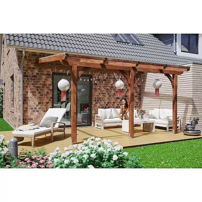Skan Holz Terrassenüberdachung RiminiB x T: 434 x 250 cm, Nussbaum, Polycarbonat, Transparent