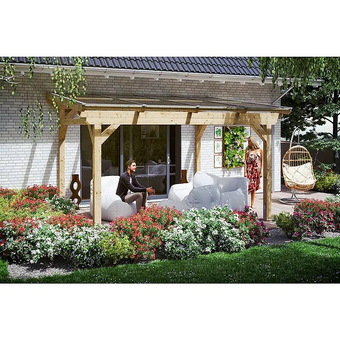 SKAN HOLZ Terrassenüberdachung Sanremo - B x T: 434 x 250 cm, Natur, Fichtenholz - Entspannen Sie unter diesem Holz-Pergola-Anbau mit Polycarbonatplatten, der einen stilvollen und komfortablen Außenbereich schafft.