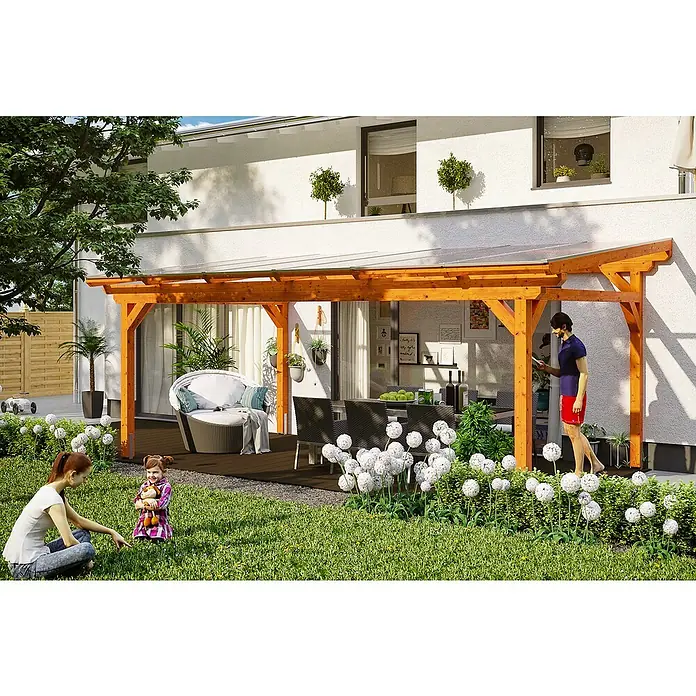 SKAN HOLZ Terrassenüberdachung Sanremo - B x T: 648 x 250 cm, Eiche Hell, Fichtenholz - Einladender Außenbereich mit Holzpergola, Sitzgelegenheiten und üppigem Grün, ideal zum Entspannen und Genießen der Natur.