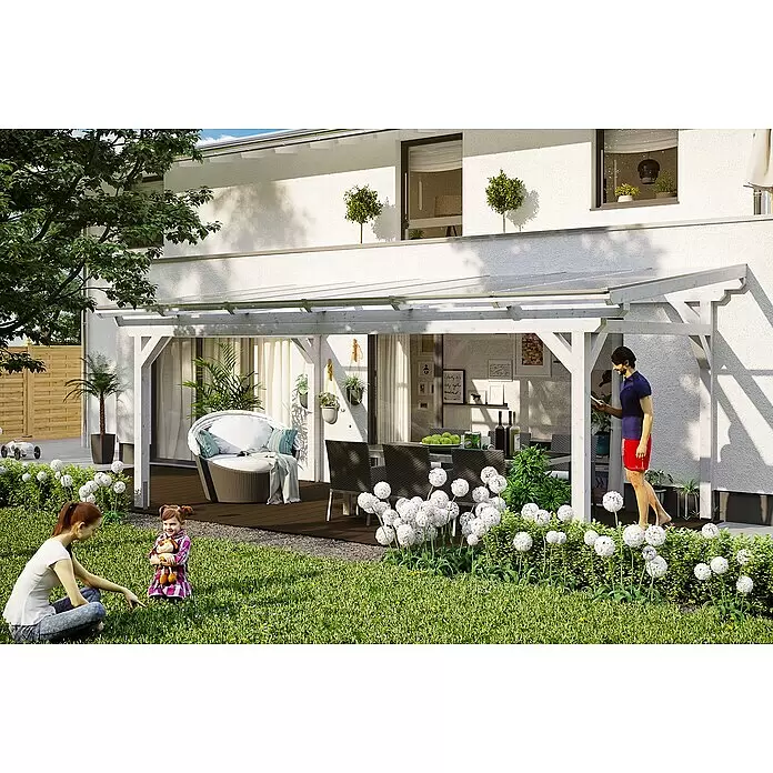 SKAN HOLZ Terrassenüberdachung Sanremo - B x T: 648 x 400 cm, Weiß, Fichtenholz - Stimmungsaufnahme