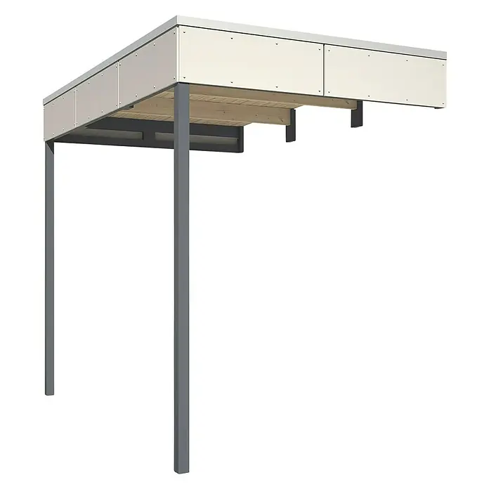 SKAN HOLZ CrossCube Gartenhaus-Anbau Crosscube - B x H: 168 x 223 cm, Passend für: Skan Holz Crosscube Gartenhäuser Perth/Melbourne 3 + 4, Telegrau - Überdachter Unterstand mit grauem Metallrahmen und Holzverkleidung, ideal für den Außenbereich als Wetterschutz.