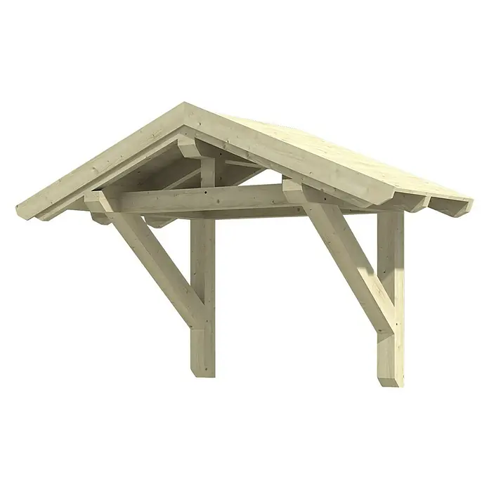 Skan Holz Giebelvordach Siegen 1247 x 116 x 208 cm, Natur - Diese Abbildung zeigt einen hölzernen Vordachbausatz, der robust und wetterfest ist. Das Vordach schützt Eingänge und Bereiche vor Regen und Schnee.