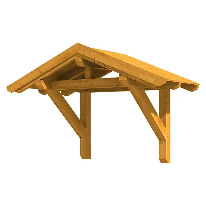 Skan Holz Giebelvordach Siegen 1247 x 116 x 208 cm, Eiche Hell - Detailansicht einer Holzkonstruktion für einen Vordachbau, perfekt für rustikale Hausgestaltungen und als architektonisches Gestaltungselement.
