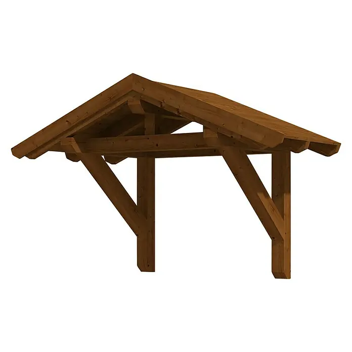 Skan Holz Giebelvordach Siegen 1247 x 116 x 208 cm, Nussbaum - Das Bild zeigt eine hölzerne Überdachung mit einem Satteldach, ideal für Eingänge oder Terrassen, gefertigt aus robustem, dunklem Holz.