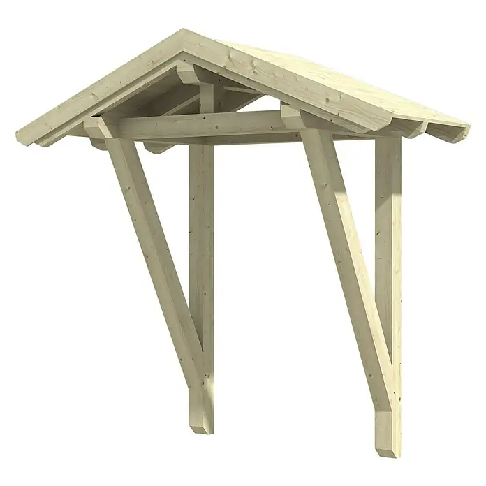 Skan Holz Giebelvordach Siegen 2247 x 116 x 208 cm, Natur - Nahaufnahme einer stilvollen Holzkonstruktion mit einem stabilen Dach, ideal für Eingänge oder Gartenbereiche.