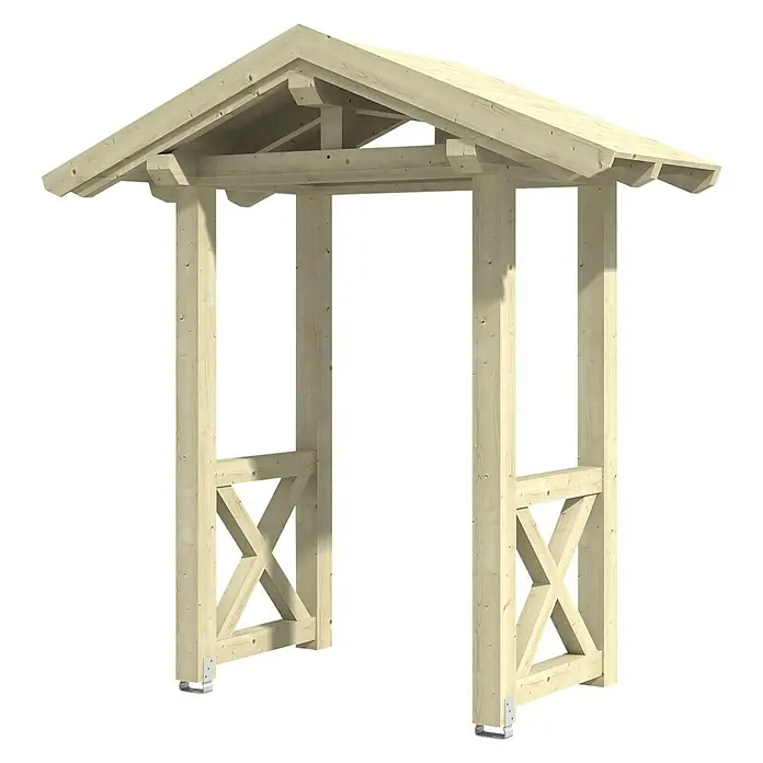 Skan Holz Giebelvordach Siegen 4247 x 116 x 208 cm, Natur - Holzpergola mit dekorativen X-förmigen Details, ideal für Gärten. Schafft einen schönen Eingang oder Übergang in Ihrem Garten.