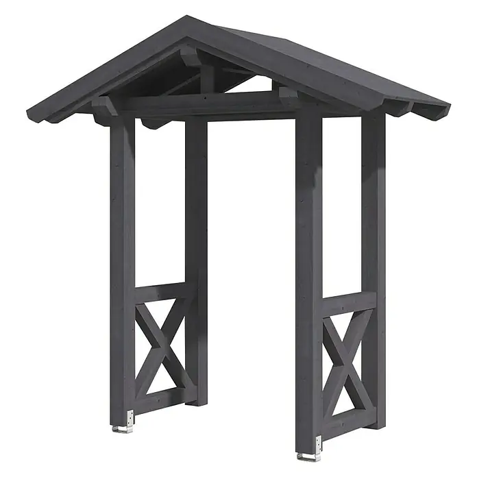 Skan Holz Giebelvordach Siegen 4247 x 116 x 208 cm, Schiefergrau - Graue Gartenlaube aus Holz mit dekorativem Dach und X-förmigen Seitenwänden, ideal für den Garten.