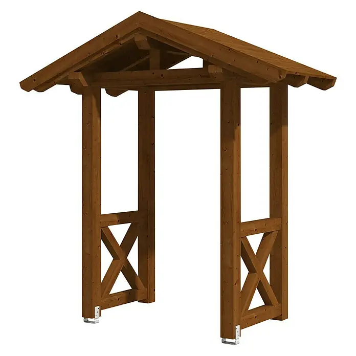 Skan Holz Giebelvordach Siegen 4247 x 116 x 208 cm, Nussbaum - Diese Aufnahme zeigt einen Holzbogen, ideal als Garteneingang oder dekoratives Element, das rustikalen Charme in Außenbereiche bringt.