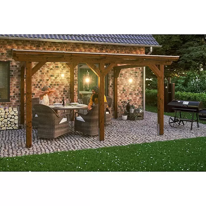 SKAN HOLZ Terrassenüberdachung Siena - B x T: 434 x 250 cm, Fichtenholz, Nussbaum - Stimmungsaufnahme