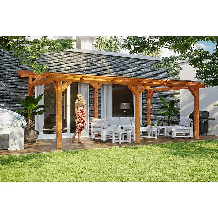 SKAN HOLZ Terrassenüberdachung Siena - B x T: 648 x 300 cm, Fichtenholz, Eiche Hell - Einladende Gartenlaube mit Holzstruktur, die einen stilvollen Sitzbereich im Freien beschattet.