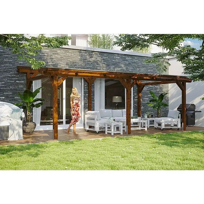 SKAN HOLZ Terrassenüberdachung Siena - B x T: 648 x 350 cm, Fichtenholz, Nussbaum - Elegante Holzpergola mit Sitzgruppe im Freien. Die Überdachung bietet Schatten und Stil für entspannte Stunden im Garten.