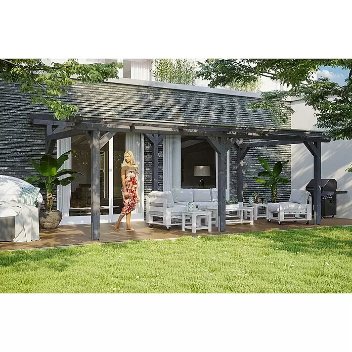 SKAN HOLZ Terrassenüberdachung Siena - B x T: 648 x 400 cm, Fichtenholz, Schiefergrau - Stimmungsaufnahme