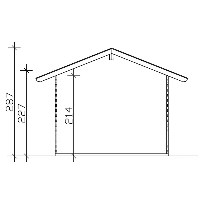 SKAN HOLZ Gartenhaus Arosa 1 - Außenmaß inkl. Dachüberstand (B x T): 400 x 380 cm, Holz, Natur - Abbildung einer Bauzeichnung eines kleinen Holzhauses mit Maßangaben für Höhe und Dachneigung.