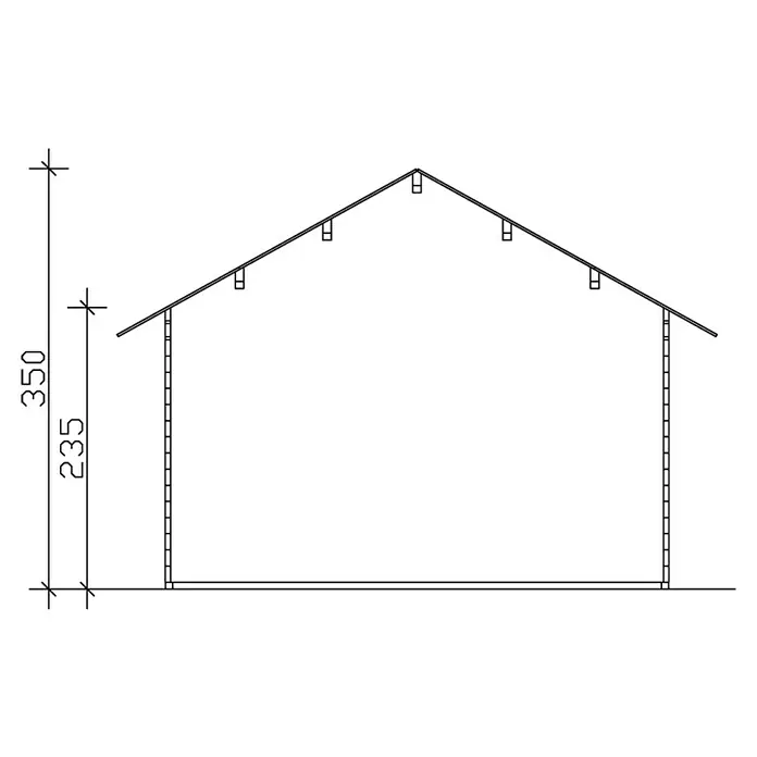 SKAN HOLZ Gartenhaus Bern 1 - Außenmaß inkl. Dachüberstand (B x T): 500 x 500 cm, Holz, Natur, 17,64 m² - Querschnitt eines Gebäudes mit Maßen. Die Abmessungen geben die Höhe der Wände und des gesamten Gebäudes an.