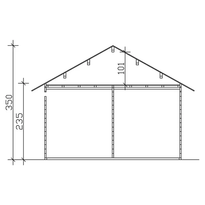 SKAN HOLZ Gartenhaus Bern 2 - Außenmaß inkl. Dachüberstand (B x T): 500 x 640 cm, Holz, Natur, Dachschalung & Dachlattung - Schemazeichnung eines zweigeteilten Gebäudes mit Satteldach, Maßen 350 und 235 für die Höhe sowie 101 für die Dachspitze.