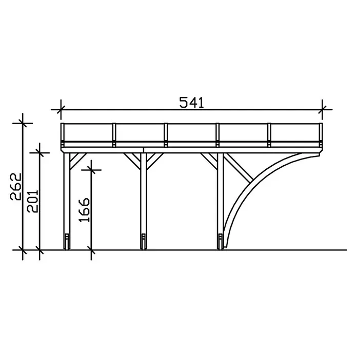 SKAN HOLZ Carport Eifel - Außenmaß inkl. Dachüberstand (B x T): 3 x 5,41 m, Einzelcarport, Weiß - Schemazeichnung einer Holzbrücke mit den Maßen 541 in der Länge, 262 in der Höhe und 166 für die Pfosten.