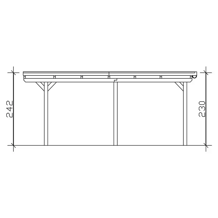 SKAN HOLZ Carport Emsland - Außenmaß inkl. Dachüberstand (B x T): 4,04 x 6,04 m, Einzelcarport, Natur, Materialspezifizierung Dach: EPDM-Folie, Fichte - Schemazeichnung eines Carports mit Höhenangaben. Das Carport hat eine Gesamthöhe von 242 cm und eine Durchfahrtshöhe von 230 cm.