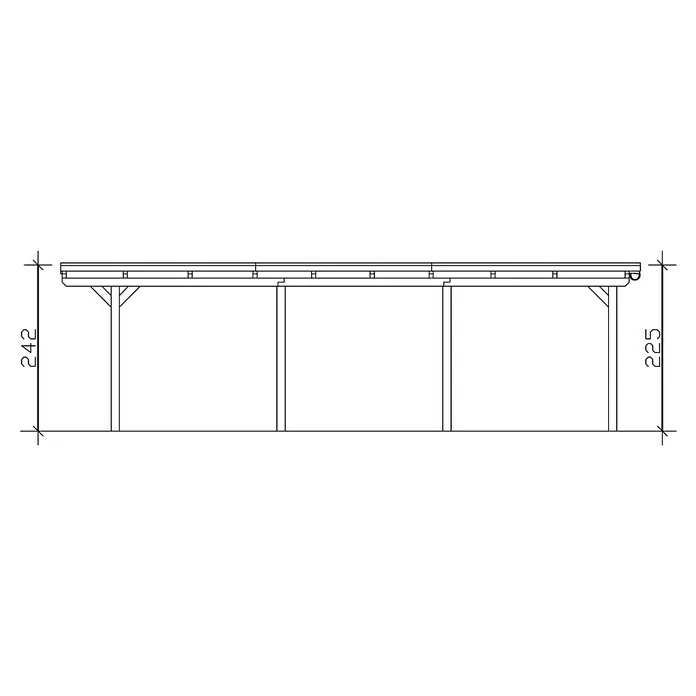 SKAN HOLZ Carport Emsland - Außenmaß inkl. Dachüberstand (B x T): 4,04 x 8,46 m, Einzelcarport, Natur, Materialspezifizierung Dach: Aluminium - Seitenansicht einer Carport-Konstruktion mit Höhenangaben. Holzkonstruktion mit Flachdach auf stabilen Pfosten mit seitlichen Verstrebungen.