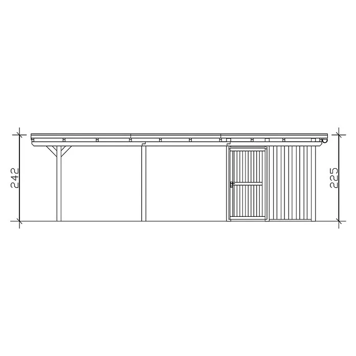 SKAN HOLZ Carport Emsland - Außenmaß inkl. Dachüberstand (B x T): 4,04 x 8,46 m, Einzelcarport, Natur, Materialspezifizierung Dach: Aluminium, Mit Abstellraum - Detaillierte Skizze eines Holzschuppens mit Tür und seitlicher Überdachung, inklusive Maßangaben für Höhe und Konstruktionsdetails.