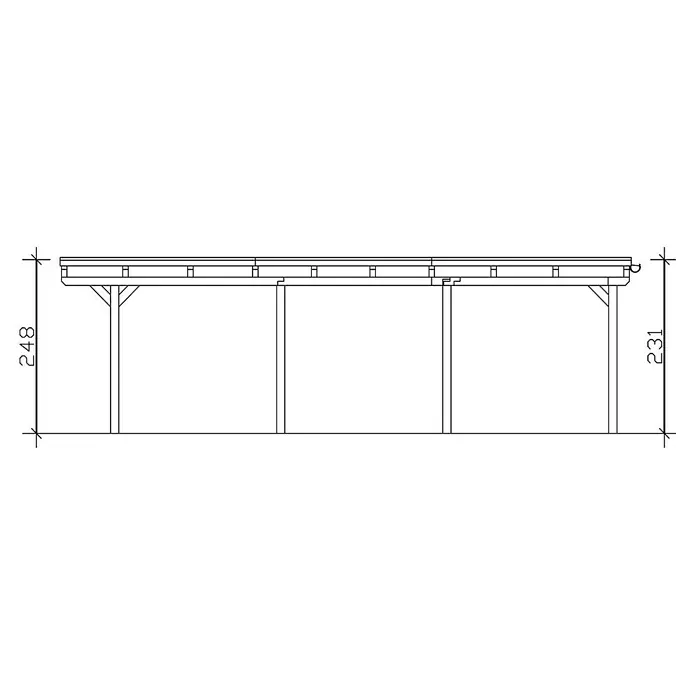 SKAN HOLZ Carport Emsland - Außenmaß inkl. Dachüberstand (B x T): 6,13 x 8,46 m, Doppelcarport, Natur, EPDM-Folie, Fichte, Ohne Abstellraum - Abbildung eines Holzcarports mit vier Stützen und einem Dach. Die Maße sind 248 und 231.