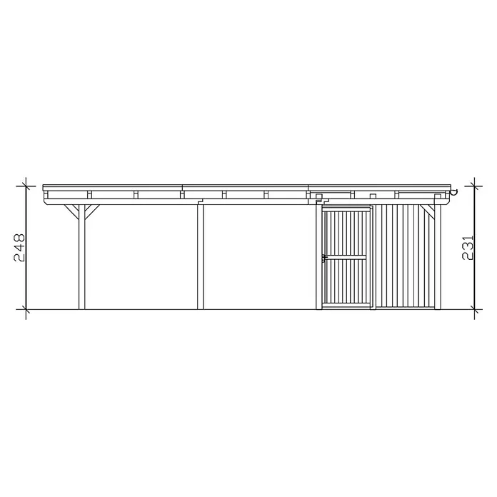 SKAN HOLZ Carport Emsland - Außenmaß inkl. Dachüberstand (B x T): 6,13 x 8,46 m, Doppelcarport, Natur, Mit Abstellraum, Dachschalung mit EPDM-Folie - Schema eines Unterstandes mit einer Höhe von 248 cm an der Vorderseite und 231 cm an der Rückseite.
