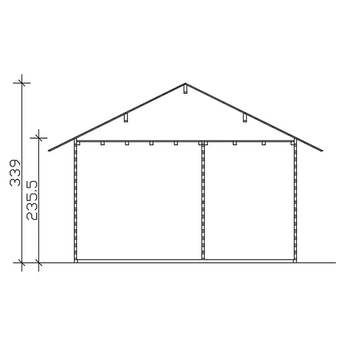 SKAN HOLZ Gartenhaus Esbjerg 2 - Außenmaß inkl. Dachüberstand (B x T): 520 x 660 cm, Holz, Natur - Schemazeichnung eines Hauses mit Maßen. Die Gesamtstrukturhöhe beträgt 339, während die Höhe bis zum Dachansatz 235,5 beträgt.