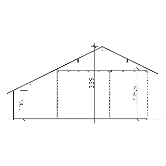 SKAN HOLZ Gartenhaus Esbjerg 3 - Außenmaß inkl. Dachüberstand (B x T): 720 x 660 cm, Holz, Natur - Schema des Hauses, das seine Struktur und Maße zeigt, mit klaren Linien, die die architektonischen Details hervorheben.