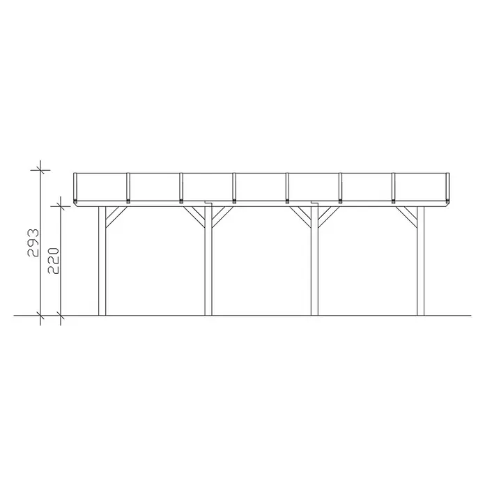 SKAN HOLZ Carport Franken - Außenmaß inkl. Dachüberstand (B x T): 3,76 x 7,55 m, Einzelcarport, Natur - Eine architektonische Zeichnung eines Unterstandes mit Stützpfeilern, die Höhe ist mit 293 und 220 Einheiten angegeben.