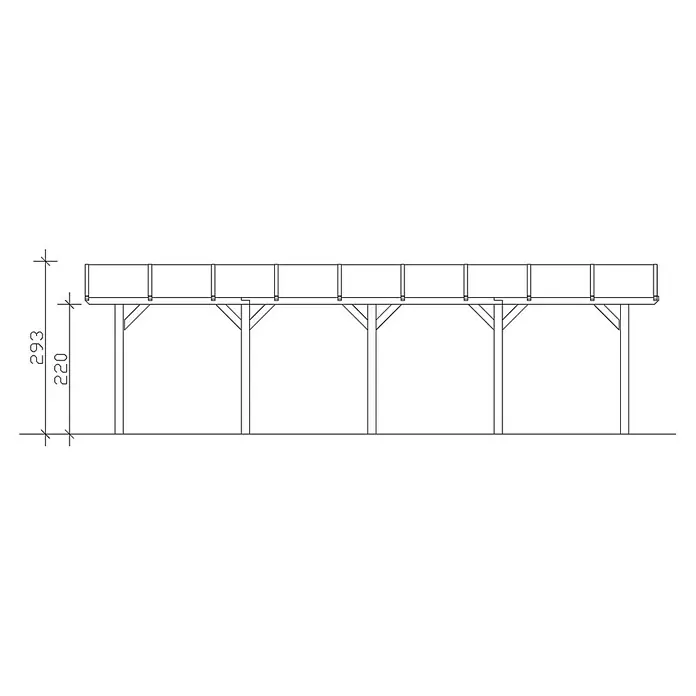 SKAN HOLZ Carport Franken - Außenmaß inkl. Dachüberstand (B x T): 3,76 x 9,69 m, Einzelcarport, Weiß - Schemazeichnung eines Pavillons mit Höhenangaben. Die Gesamtstruktur wird von Holzpfosten getragen und ist mit einem Geländer versehen.