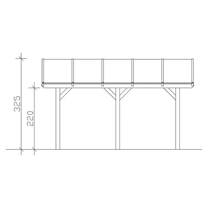 SKAN HOLZ Carport Franken - Außenmaß inkl. Dachüberstand (B x T): 6,35 x 5,41 m, Doppelcarport, Schiefergrau - Technische Zeichnung eines Holzpavillons mit Geländer und Maßangaben für die Höhe.