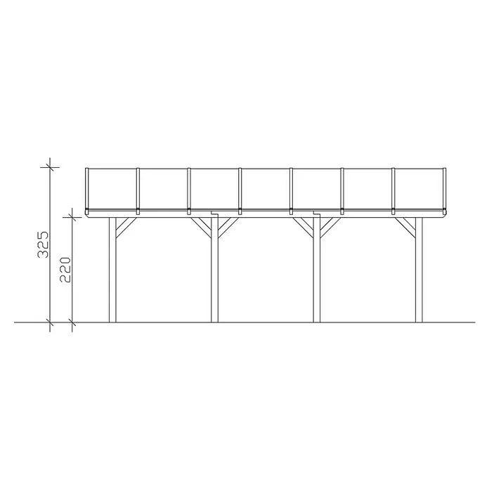 SKAN HOLZ Carport Franken - Außenmaß inkl. Dachüberstand (B x T): 6,35 x 7,55 m, Doppelcarport, Natur - Darstellung eines erhöhten Wasserbehälters auf vier Stützen, detailliert in einer technischen Zeichnung.