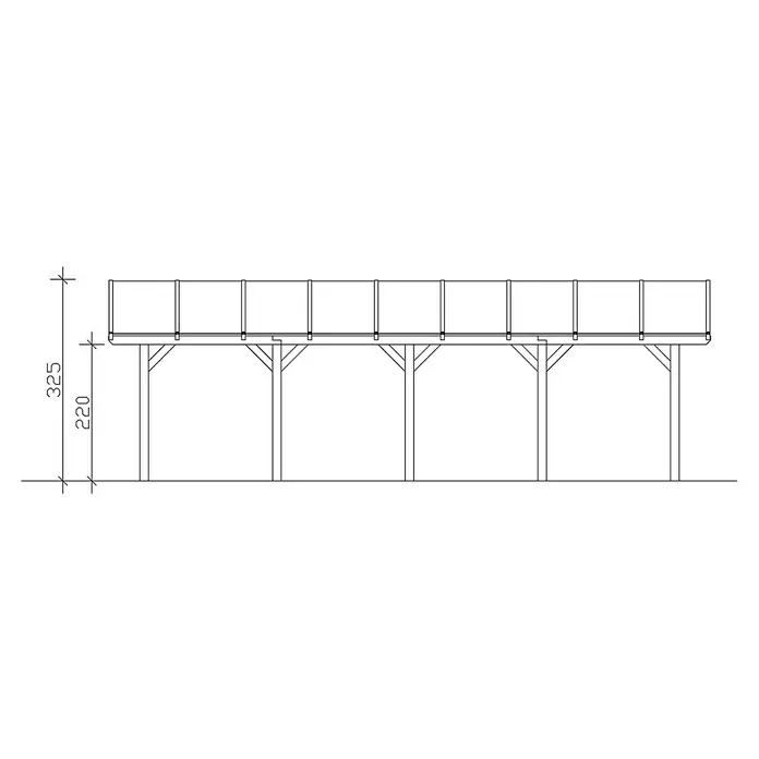 SKAN HOLZ Carport Franken - Außenmaß inkl. Dachüberstand (B x T): 6,35 x 9,69 m, Doppelcarport, Natur - Abbildung einer erhöhten Holzterrasse mit Geländer und vier Stützpfeilern, die eine stabile Struktur für den Außenbereich bietet.