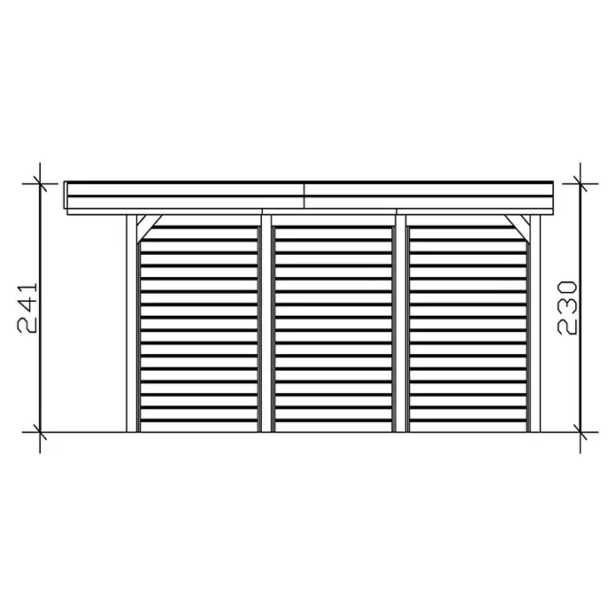 SKAN HOLZ Carport Friesland - Außenmaß inkl. Dachüberstand (B x T): 3,14 x 5,55 m, Einzelcarport, Schiefergrau, Mit Seitenwänden & Rückwand - Schemazeichnung eines Holzschuppens mit den Maßen 241 cm Höhe und 230 cm Höhe. Die Konstruktion besteht aus horizontalen Holzlatten.