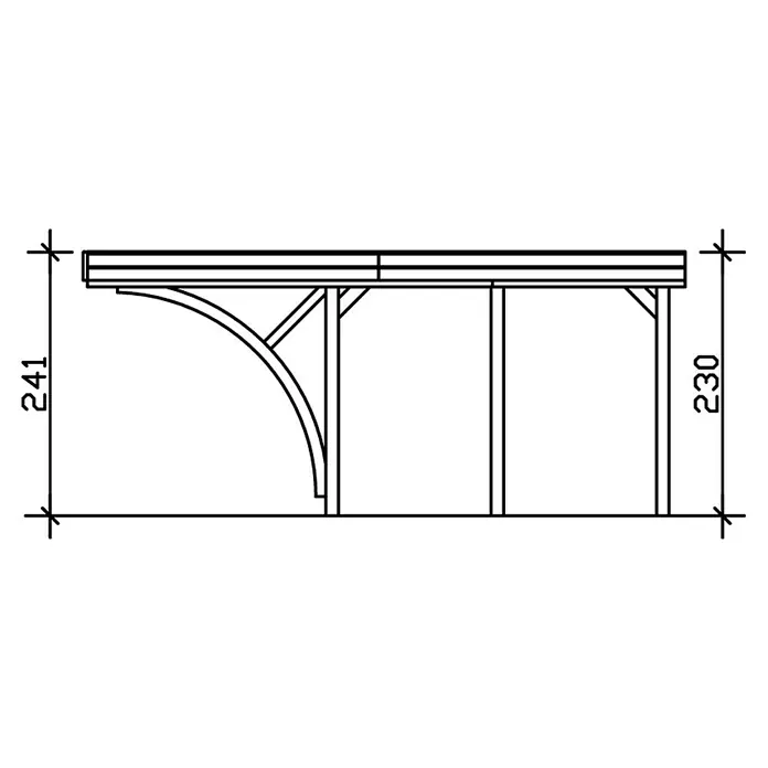 SKAN HOLZ Carport Friesland - Außenmaß inkl. Dachüberstand (B x T): 3,14 x 5,55 m, Einzelcarport, Schiefergrau, Mit 2 Einfahrtsbögen - Schemazeichnung eines Carports mit den Höhenangaben 241 und 230. Die Konstruktion besteht aus Holzpfosten und einer Dachkonstruktion.