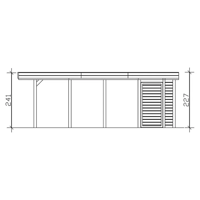 SKAN HOLZ Carport Friesland - Außenmaß inkl. Dachüberstand (B x T): 3,14 x 7,08 m, Einzelcarport, Grün - Schematische Darstellung eines Holzschuppens mit Maßen, die Höhe beträgt 241 und 227.