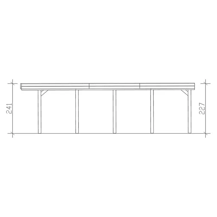 SKAN HOLZ Carport Friesland - Außenmaß inkl. Dachüberstand (B x T): 3,97 x 7,08 m, Einzelcarport, Nussbaum, Material Dach: Holz - Bild einer Skizze eines einfachen Unterstandes mit vier Pfosten und einem Dach.