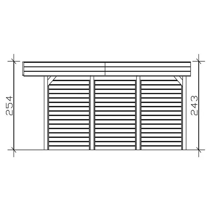 SKAN HOLZ Carport Friesland - Außenmaß inkl. Dachüberstand (B x T): 5,57 x 5,55 m, Doppelcarport, Grün - Abbildung einer Holzkonstruktion mit horizontalen Lamellen und den Maßen 254 und 243 für detaillierte Baupläne.