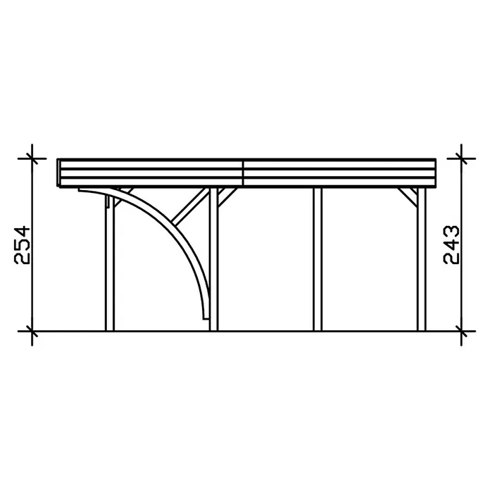 SKAN HOLZ Carport Friesland - Außenmaß inkl. Dachüberstand (B x T): 5,57 x 5,55 m, Doppelcarport, Grün, Mit 1 Einfahrtsbogen - Abbildung eines Bauplans für eine Holzkonstruktion mit Maßangaben. Die Konstruktion zeigt Pfosten und Balken mit einer dekorativen Bogenstütze.