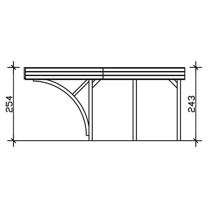 SKAN HOLZ Carport Friesland - Außenmaß inkl. Dachüberstand (B x T): 5,57 x 5,55 m, Doppelcarport, Grün, Mit 2 Einfahrtsbögen - Abbildung eines Holzschuppens mit Messwerten. Die Illustration zeigt die Konstruktion eines rustikalen Holzschuppens mit Maßen.