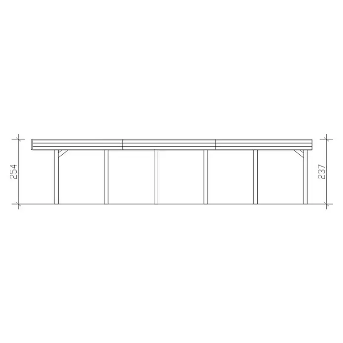 SKAN HOLZ Carport Friesland - Außenmaß inkl. Dachüberstand (B x T): 5,57 x 8,6 m, Doppelcarport, Nussbaum, Materialspezifizierung Dach: EPDM-Folie, Fichte - Draufsicht des Holzschuppen-Designs mit Säulen und einer Abdeckung, einschließlich Höhenmessungen.