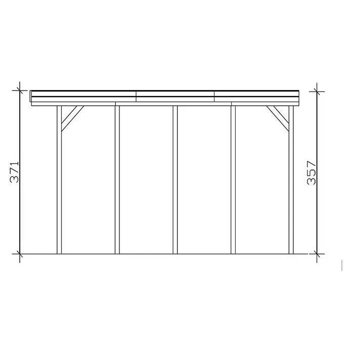 SKAN HOLZ Carport Friesland - Außenmaß inkl. Dachüberstand (B x T): 3,97 x 7,08 m, Einzelcarport, Nussbaum, Carport geeignet für: Caravans - Zeichnung eines Carports mit Größenangaben. Darstellung der Struktur mit Trägern und Dach. Die Maße sind 371 und 357.