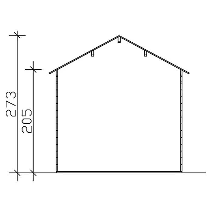 SKAN HOLZ Gartenhaus Hengelo - Außenmaß inkl. Dachüberstand (B x T): 280 x 355 cm, Holz, Schiefergrau - Technische Zeichnung eines Hausquerschnitts mit Bemaßung der Gesamthöhe (273) und Wandhöhe (205) zur Illustration.