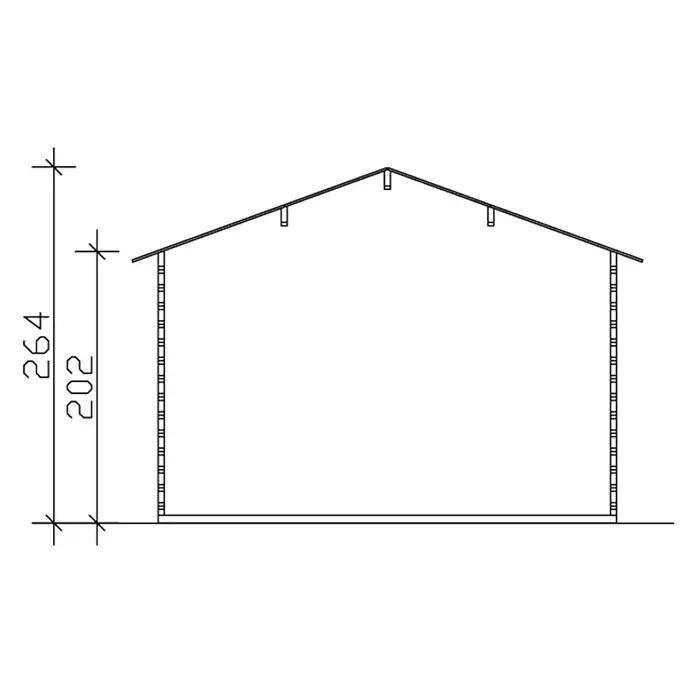 SKAN HOLZ Gartenhaus Langesund 2 - Außenmaß inkl. Dachüberstand (B x T): 380 x 400 cm, Holz, Natur - Bauplan eines Hauses mit Maßangaben. Die Zeichnung zeigt die Struktur und Abmessungen des Hauses im Detail.